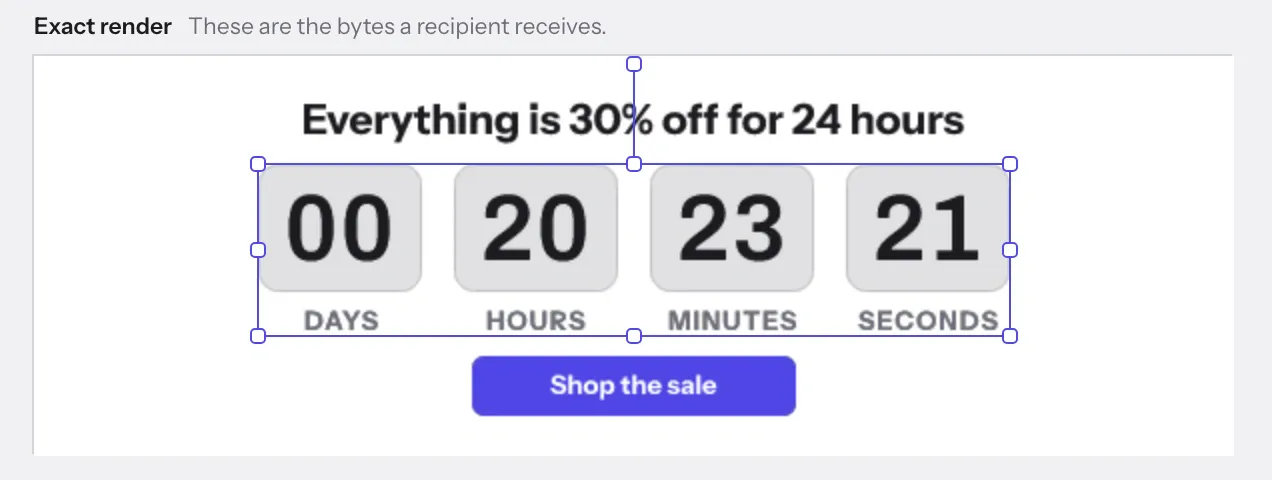 The editor canvas with the timer selected, under "Everything is 30% off for 24 hours" and above a Shop the sale button