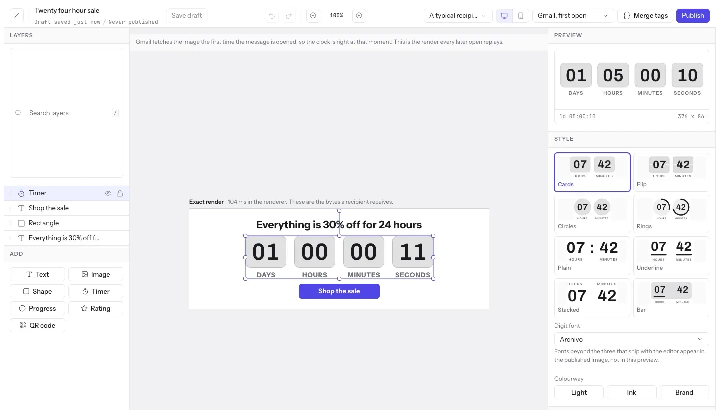 The EmailTimer.App editor with a timer layer selected, the canvas in the middle and the timer style picker on the right