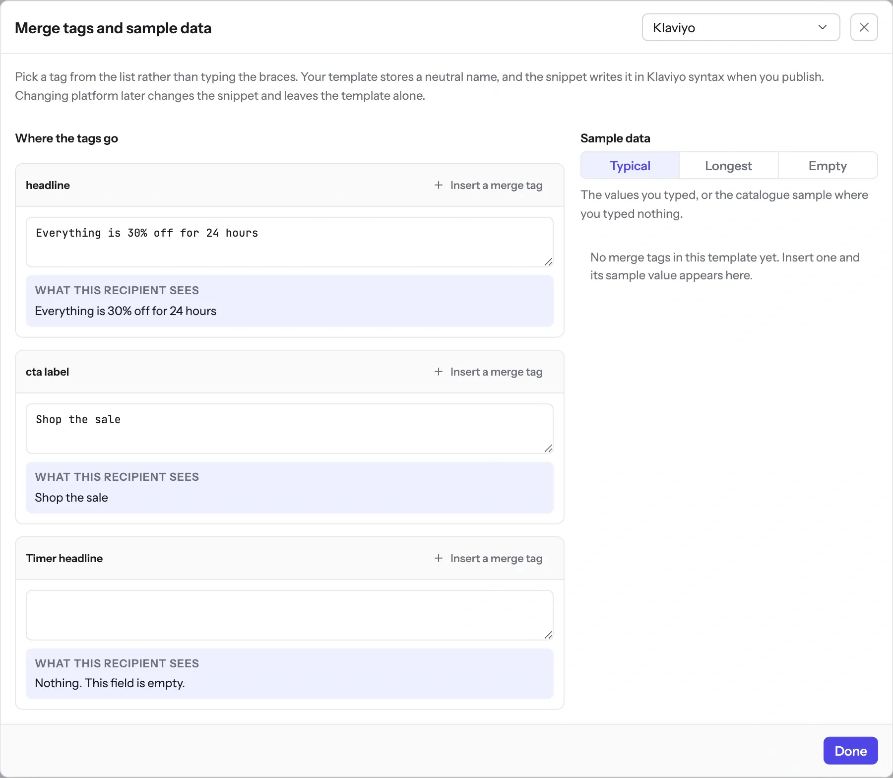 The merge tag panel in the EmailTimer.App editor, listing each text field in the template next to the value this recipient would see