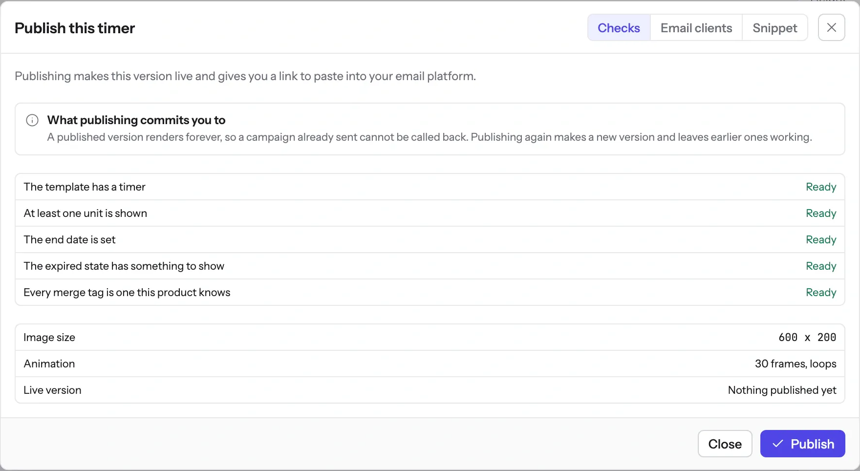 The publish dialog in EmailTimer.App listing five checks, each marked Ready, above the image size, the frame count and the live version