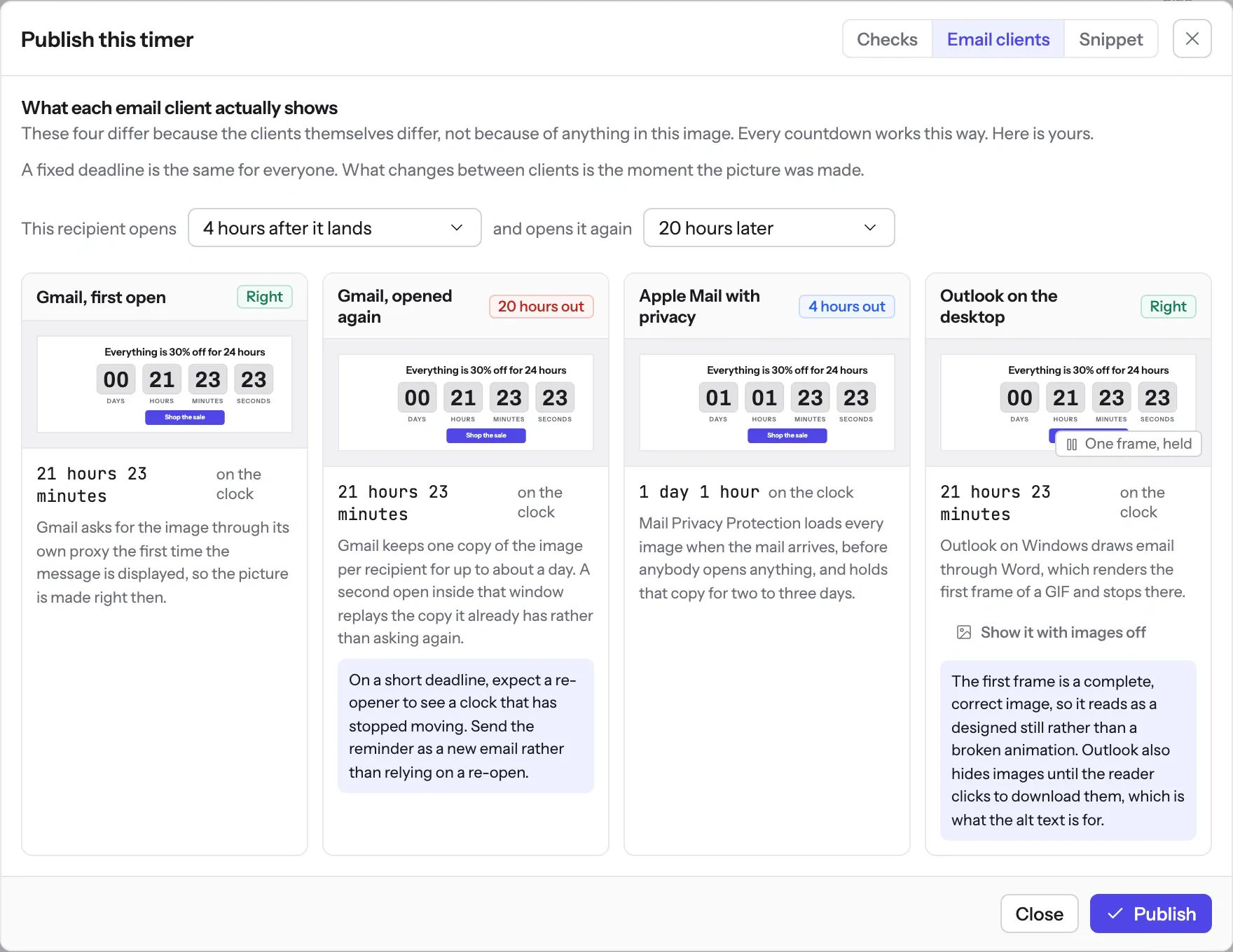 The publish panel in EmailTimer.App showing Gmail on first open, Gmail opened again, Apple Mail with privacy and Outlook on the desktop, each with the clock it would show