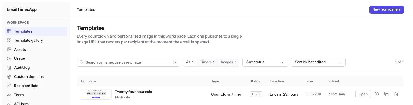 The templates screen in EmailTimer.App, showing one countdown timer template with its thumbnail, status, deadline and image size