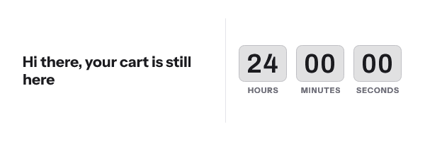 A cart reminder reading Hi there, your cart is still here, beside a countdown at 24 hours, 00 minutes, 00 seconds