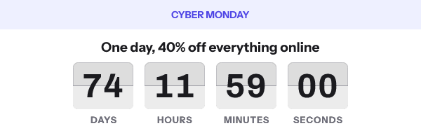 Cyber Monday: One day, 40% off everything online, with its countdown