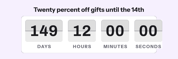 Valentines Day: Twenty percent off gifts until the 14th, with its countdown