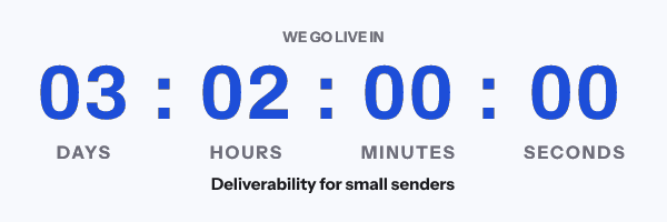 A webinar countdown headed We go live in, reading 03 days 02 hours 00 minutes 00 seconds, above the session title Deliverability for small senders
