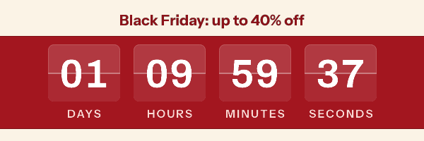 Black Friday flip countdown as Gmail draws it at the first open, Thursday 14:00, reading 1 day 9 hours 59 minutes