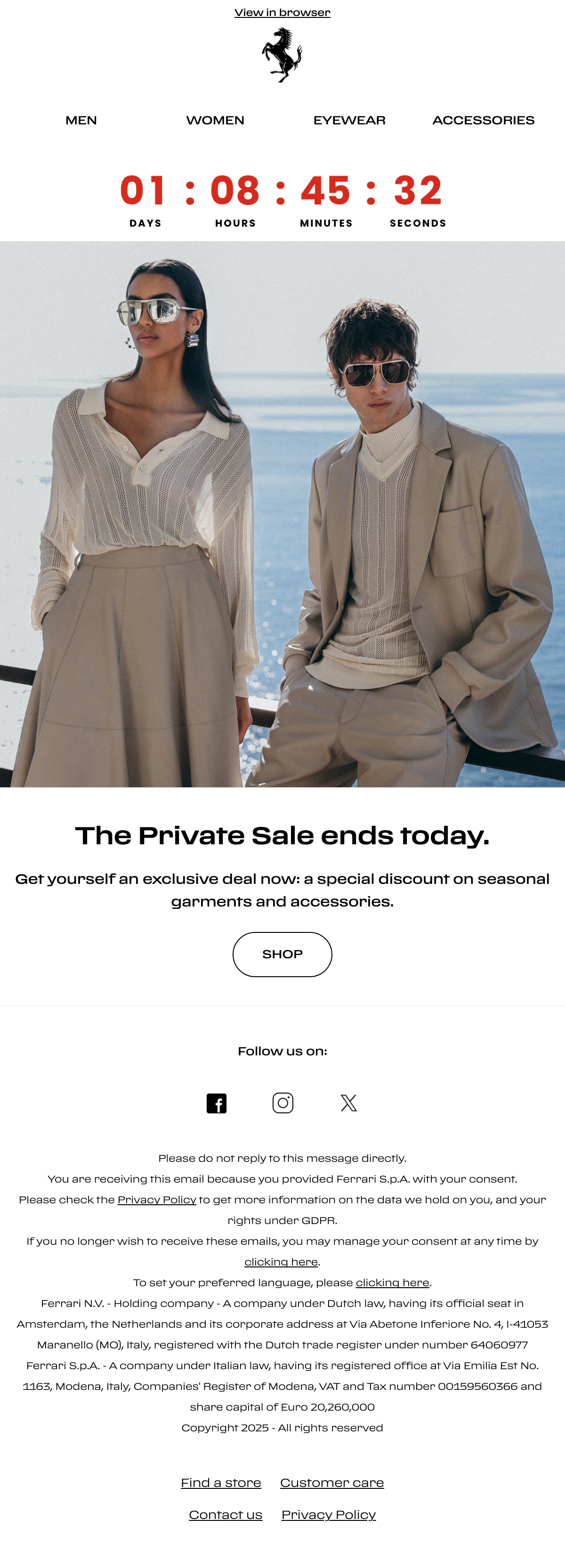 The Ferrari private sale email with a red countdown on white under the navigation, in place of Ferrari's own.