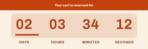 Saved cart reminder timer in the bar style under "Your cart is reserved for", reading 2 days 3 hours 34 minutes