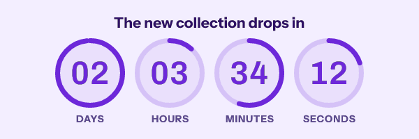 Animated product launch countdown in the ring style under the headline The new collection drops in: violet numerals inside violet rings on soft lavender, reading 02 days 03 hours 34 minutes 12 seconds and counting down
