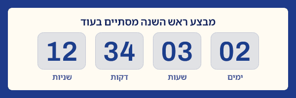 Rosh Hashanah sale timer in the hebrew style under a Hebrew headline meaning "the Rosh Hashanah sale ends in", reading 2 days 3 hours 34 minutes