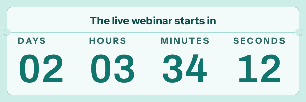 Live webinar timer in the stacked style under "The live webinar starts in", reading 2 days 3 hours 34 minutes